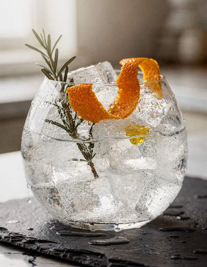 Gin & Tonic mit Orangenzeste und Rosmarin im Copa-Glas