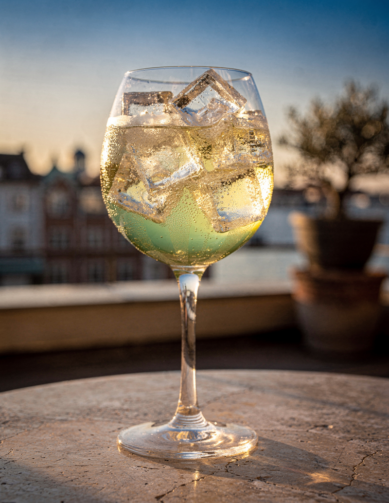 Feigenblatt Spritz mit Thymian und Olive im Weinglas