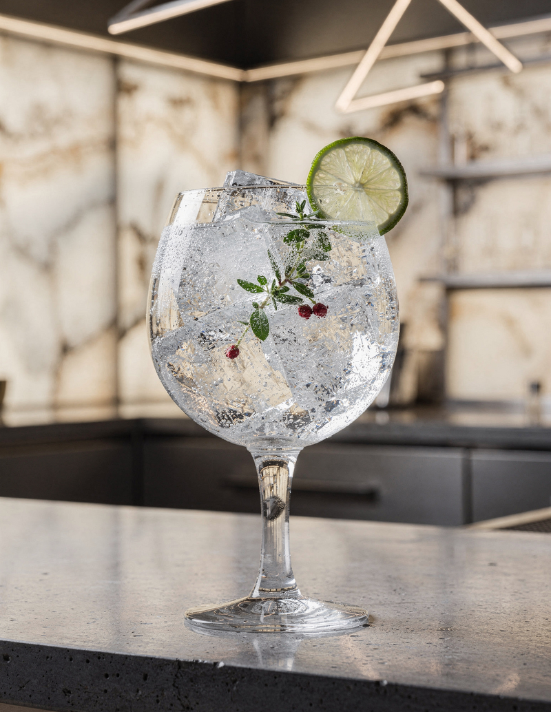 Alkoholfreier Longdrink mit Tonic, Thymian, Limette und rosa Pfeffer