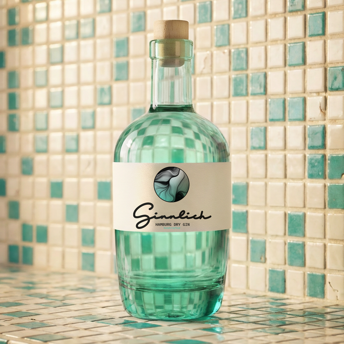 Ginnlich Hamburg Dry Gin Flasche auf Mosaikfliesen