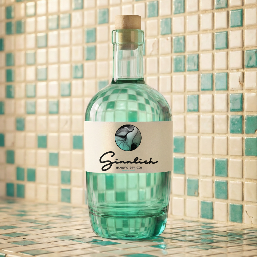 Ginnlich Hamburg Dry Gin Flasche auf Mosaikfliesen