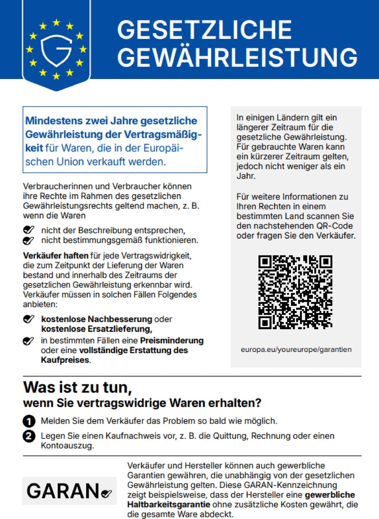 Harmonisierte EU-Mitteilung: Gesetzliche Gewährleistung – mindestens zwei Jahre für Waren, die in der Europäischen Union verkauft werden